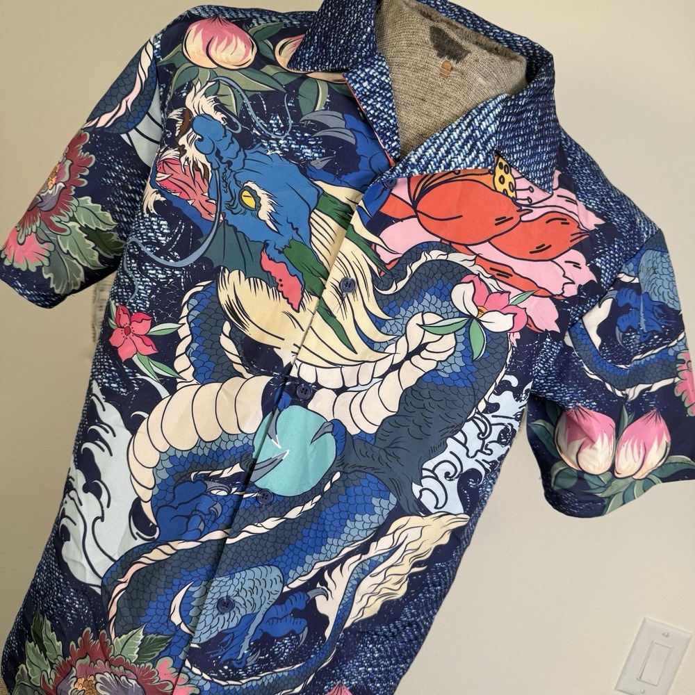 Rebel Vengeance All Over Print Dragons Flowers Blue Men's Shirt Medium